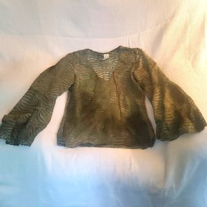 Womens green and brownish top with sheer wavy stripes and bell sleeve size Large